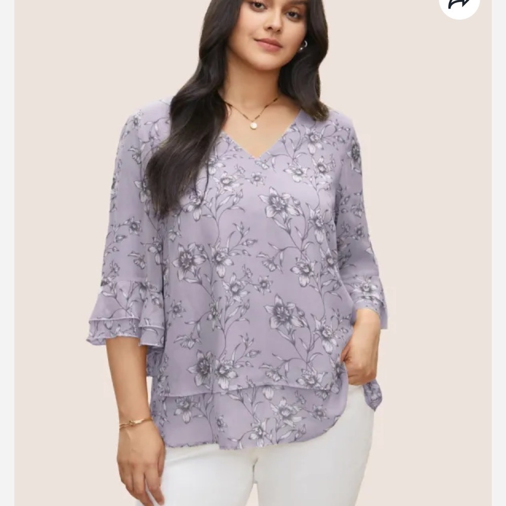 BloomChic Plus Size Daffodils Print Tiered Ruffle Sleeve Mesh Blouse